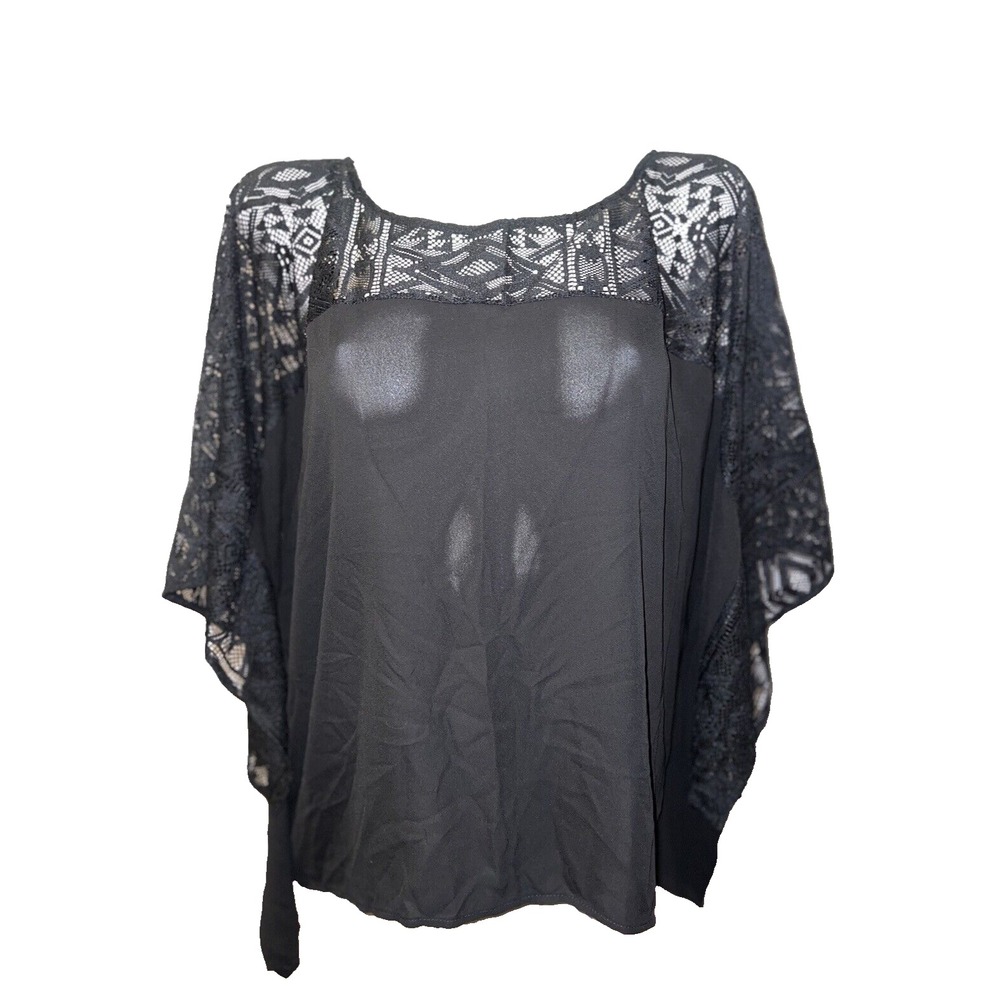 One World Women's Black Lace Accent Short Sleeve Pullover Tunic Top Size M NEW